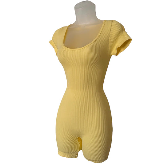 Yellow Ribbed Short Sleeve Playsuit