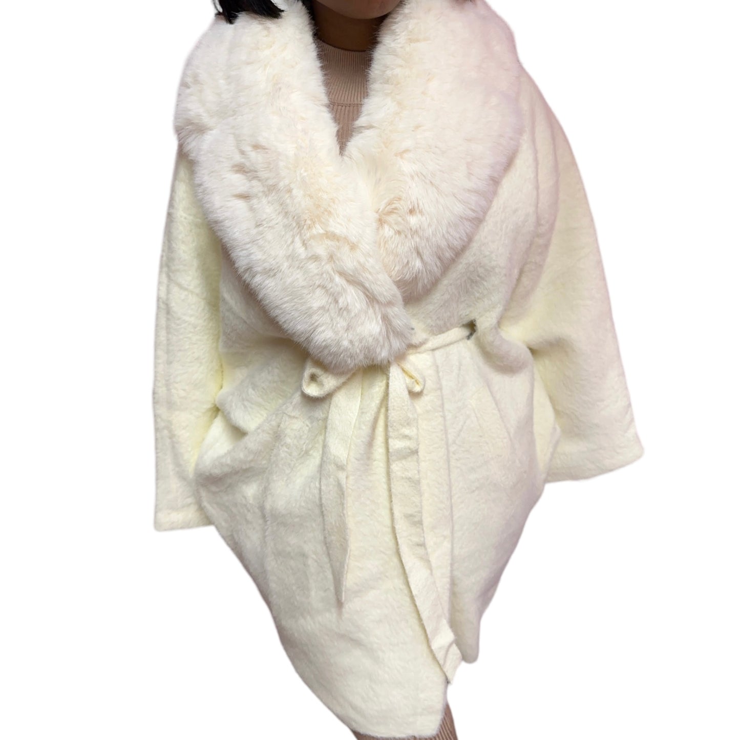 Cream Faux Fur Belted Cape