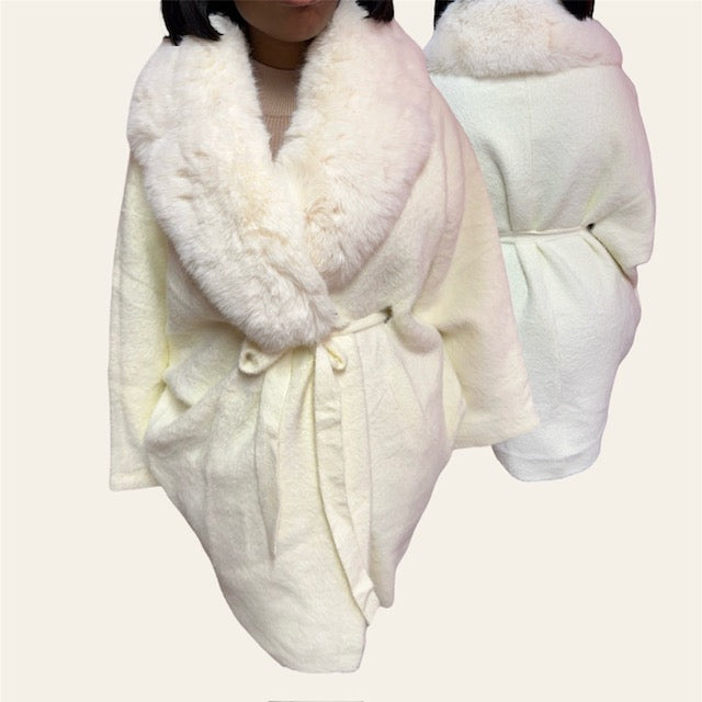 Cream Faux Fur Belted Cape