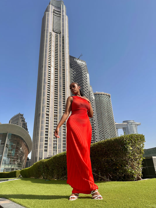 Red Satin Pleated Maxi Dress